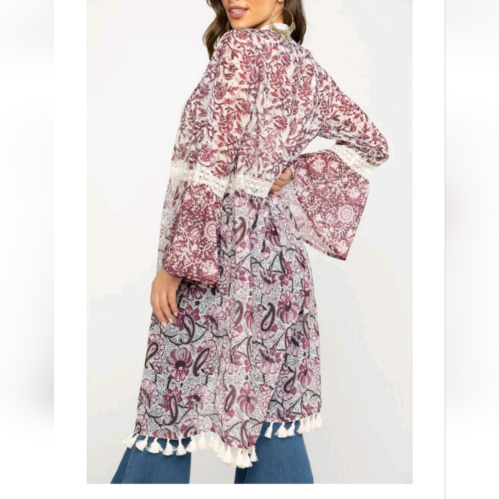 Tasha Polizzi Free Spirit Duster Size Medium Rose Paisley Open Lace Sheer Boho - Picture 5 of 16